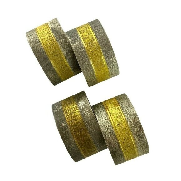 Two-Tone Brushed Metal Napkin Rings Set Of 4 Silver & Gold Striped Table Decor - Picture 1 of 4